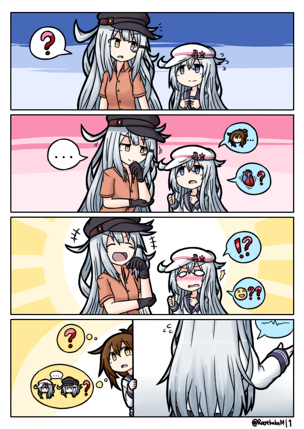 ! !? &gt;:) ... 10s 3girls 4koma ? ^_^ blue_eyes blush brown_eyes brown_hair closed_eyes comic commentary fingers_together flat_cap flying_sweatdrops folded_ponytail gangut_(kantai_collection) hat heart hibiki_(kantai_collection) hiding highres inazuma_(kantai_collection) kantai_collection laughing long_hair multiple_girls peaked_cap raythalosm remodel_(kantai_collection) scar_on_cheek school_uniform serafuku shirt silver_hair spoken_ellipsis spoken_exclamation_mark spoken_heart spoken_question_mark twitter_username verniy_(kantai_collection) wall