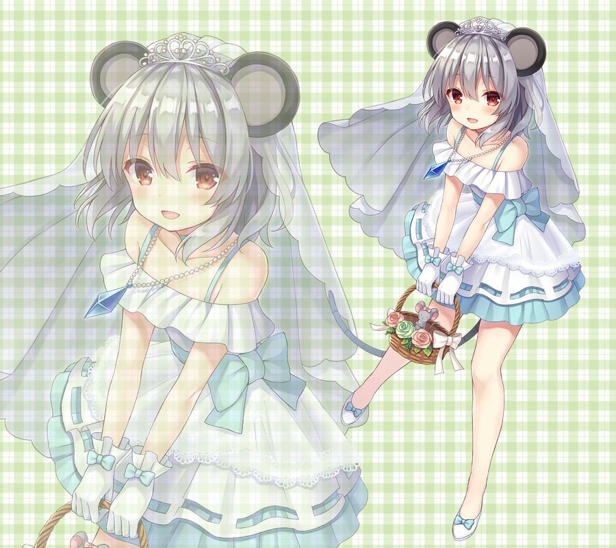 1girl :d alternate_costume animal_ears bangs bare_legs basket blue_bow blush bow brown_eyes commentary_request dress eyebrows_visible_through_hair flower gloves grey_hair hair_between_eyes holding holding_basket jewelry long_hair looking_at_viewer mouse mouse_ears nagisa3710 nazrin necklace open_mouth plaid plaid_background rose shoe_bow shoes short_hair smile standing tiara touhou veil white_gloves white_shoes zoom_layer