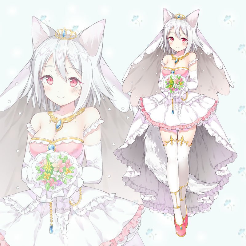 1girl alternate_costume animal_ears bangs bare_shoulders blush bouquet breasts chitetan cleavage closed_mouth commentary_request dress elbow_gloves eyebrows_visible_through_hair flower gloves holding holding_bouquet inubashiri_momiji jewelry looking_at_viewer medium_breasts pendant pink_shoes red_eyes ring shoes short_hair smile standing tail thigh-highs thigh_gap tiara touhou wedding_band wedding_dress white_gloves white_hair white_legwear wolf_ears wolf_tail zettai_ryouiki zoom_layer