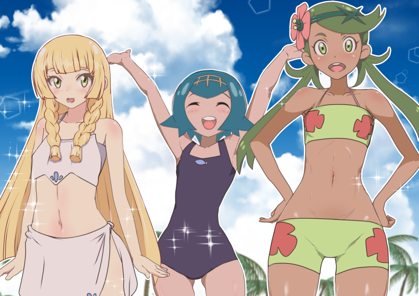 3girls :d ^_^ ^o^ armpits arms_at_sides arms_up bangs bare_arms bare_shoulders bikini bikini_top blonde_hair blue_hair blue_sky blue_swimsuit braid closed_eyes clouds cowboy_shot dark_skin day facing_viewer flower green_bikini green_eyes green_hair greyscale hair_flower hair_ornament halterneck hands_on_hips headband kswazza lillie_(pokemon) long_hair low_twintails mallow_(pokemon) monochrome multiple_girls navel open_mouth outdoors pokemon pokemon_(anime) pokemon_sm_(anime) round_teeth sarong school_swimsuit short_hair sky smile sparkle standing stomach straight_hair suiren_(pokemon) swept_bangs swimsuit teeth twin_braids twintails very_long_hair white_bikini_top yellow_hairband
