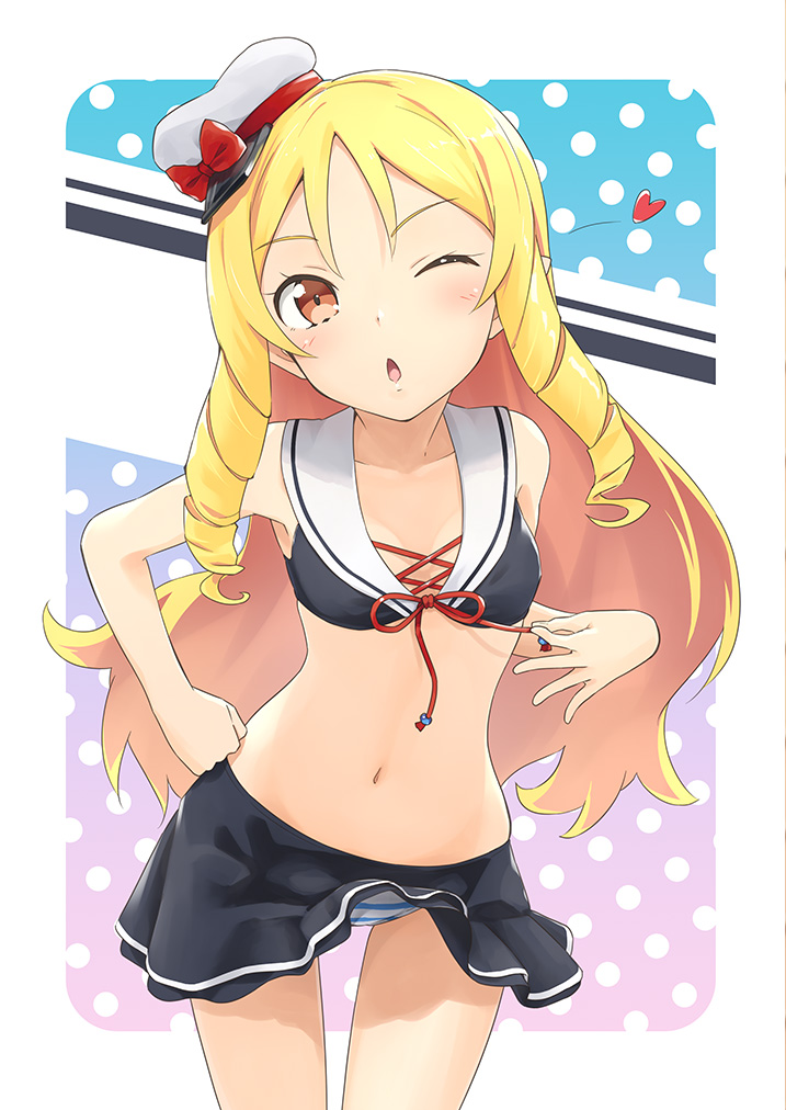 1girl bikini_skirt blonde_hair chestnut_mouth drill_hair eromanga_sensei errant gradient gradient_background hat heart long_hair mini_hat one_eye_closed peaked_cap polka_dot polka_dot_background red_eyes sailor_bikini sailor_collar solo striped striped_bikini_bottom untying white_hat wind wind_lift yamada_elf