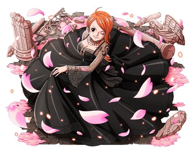 1girl ;) ahoge black_dress bodskih bracelet breasts choker cleavage collarbone dress from_above jewelry large_breasts long_dress looking_at_viewer nami_(one_piece) one_eye_closed one_piece orange_hair petals see-through short_hair skirt_hold smile solo standing transparent_background