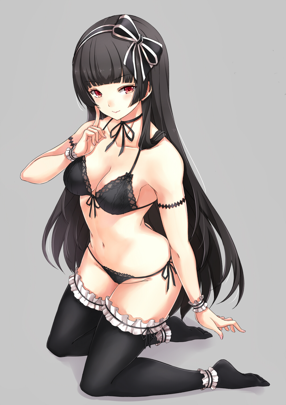 1girl ankle_cuffs asya bangs bare_shoulders bikini black_hair black_legwear black_ribbon blunt_bangs blush bow breasts choker cleavage closed_mouth eyebrows_visible_through_hair frilled_legwear front-tie_bikini front-tie_top full_body grey_background hair_bow hairband halter_top halterneck highres kneeling lingerie long_hair looking_at_viewer medium_breasts navel no_shoes original panties red_eyes ribbon ribbon_choker side-tie_bikini simple_background smile solo swimsuit thigh-highs tsurime underwear wrist_cuffs