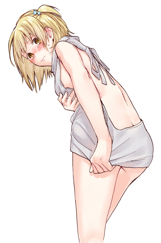 1girl backless_outfit bangs bare_back blonde_hair blush breasts brown_eyes butt_crack closed_mouth drawstring dress from_behind grey_sweater haikyuu!! halterneck hand_up looking_at_viewer looking_back meme_attire naked_sweater namo one_side_up open-back_dress short_hair sideboob sidelocks simple_background solo sweater sweater_dress tears thighs turtleneck turtleneck_sweater virgin_killer_sweater wavy_mouth white_background yachi_hitoka