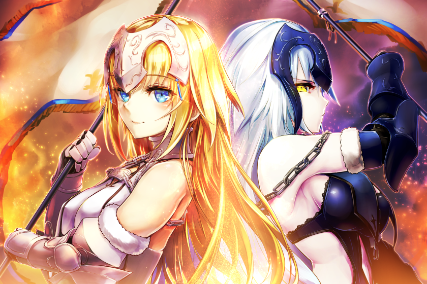 2girls back-to-back banner blonde_hair blue_eyes breasts eyebrows_visible_through_hair fate/grand_order fate_(series) fur_trim gauntlets holding holding_weapon jeanne_alter kaigo long_hair looking_at_viewer medium_breasts multiple_girls ruler_(fate/apocrypha) sideboob silver_hair smile standing upper_body very_long_hair weapon yellow_eyes