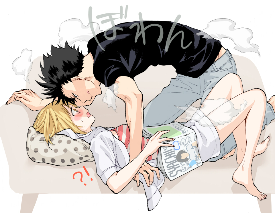 !? 1boy 1girl all_fours bare_legs black_hair black_shirt blonde_hair blush book camisole couch denim haikyuu!! holding holding_book hood hoodie jeans kiss kuroo_tetsurou lying magazine namo nose_kiss on_back on_couch open_clothes open_hoodie open_mouth pants parted_lips polka_dot_pillow shirt smile smoke spiky_hair striped striped_camisole t-shirt yachi_hitoka yellow_eyes