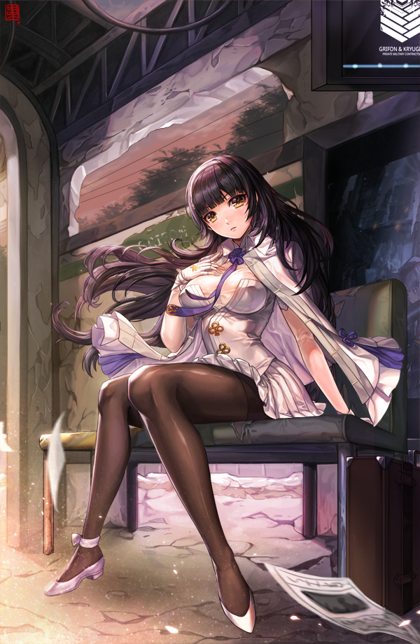 1girl ankle_ribbon artist_logo bangs between_breasts black_hair blunt_bangs box_(hotpppink) breasts brown_legwear cable chair closed_mouth clouds commentary_request dress evening eyebrows_visible_through_hair fingerless_gloves floating_hair full_body girls_frontline gloves hand_on_own_chest hand_up large_breasts light light_particles long_hair looking_at_viewer motion_blur newspaper orange_sky outdoors pantyhose pleated_dress qbz-95_(girls_frontline) ribbon shiny shiny_clothes shoes short_dress sitting sky solo star suitcase thighband_pantyhose tree very_long_hair white_cloak white_dress white_gloves white_ribbon white_shoes wind wing_collar yellow_eyes