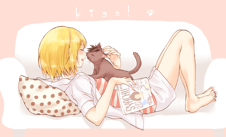 1girl ^_^ animalization bangs bare_legs barefoot blonde_hair blush book camisole cat closed_eyes couch eyebrows_visible_through_hair haikyuu!! holding holding_book hood hoodie kiss kuroo_tetsurou legs_together lying magazine namo nose_kiss on_back on_couch open_clothes open_hoodie open_mouth pillow polka_dot polka_dot_background sidelocks smile solo striped striped_camisole yachi_hitoka