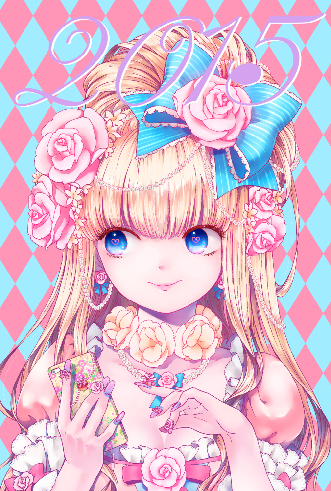 1girl 2015 argyle argyle_background bangs blonde_hair blue_bow blue_eyes blue_nails bow breasts cellphone cleavage closed_mouth collarbone commentary_request dot_nose earrings eyelashes eyes_visible_through_hair fingernails flower flower_earrings frilled_sleeves frills hair_bow hair_flower hair_ornament hair_over_shoulder half_updo hands_up heart heart-shaped_pupils iphone jewelry lace-trimmed_bow large_bow lips long_fingernails long_hair looking_away looking_to_the_side nail_art nail_polish necklace nengajou new_year nib_pen_(medium) no_eyebrows original pastel_colors pearl pearl_necklace phone pink_flower pink_ribbon pink_rose puffy_short_sleeves puffy_sleeves purple_nails ribbon rose rose_earrings short_sleeves simple_background smartphone smartphone_case smile solo striped striped_bow symbol-shaped_pupils traditional_media two-tone_background upper_body white_flower white_rose