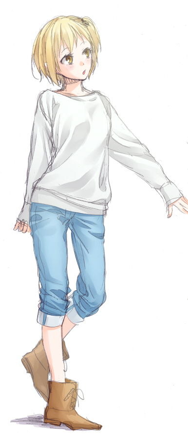1girl bangs blonde_hair blush boots brown_eyes brown_footwear denim eyebrows_visible_through_hair full_body haikyuu!! jeans namo open_mouth pants parted_lips short_hair side_ponytail simple_background solo sweater white_background white_sweater yachi_hitoka