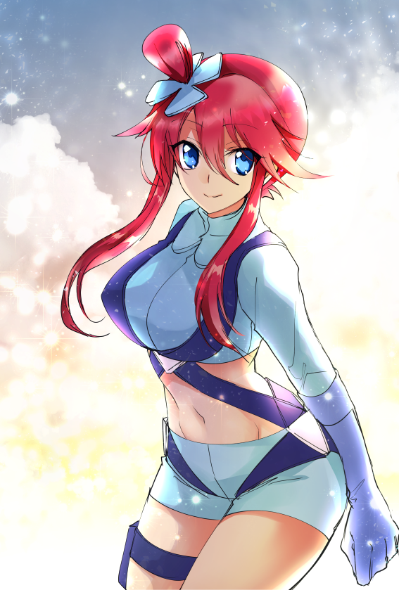 1girl arm_at_side blue_eyes breasts clenched_hand closed_mouth cowboy_shot crop_top cropped_jacket eyebrows_visible_through_hair fuuro_(pokemon) gloves graphite_(medium) gym_leader hair_between_eyes hair_ornament long_hair long_sleeves looking_at_viewer mechanical_pencil midriff mintes navel pencil pokemon pokemon_(game) pokemon_bw redhead short_shorts shorts smile solo standing stomach toned traditional_media