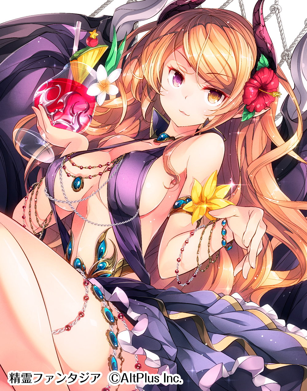 1girl alcohol armlet bangs bare_shoulders black_wings blush bracelet breasts cup demon_girl demon_horns demon_wings dress drinking_glass drinking_straw flower foreshortening frilled_dress frills gem hair_flower hair_ornament heterochromia hibiscus highres holding holding_drinking_glass horns jewelry looking_at_viewer matsuuni official_art orange_hair original parted_lips pointy_ears purple_dress revealing_clothes shiny shiny_hair sideboob simple_background sitting sleeveless sleeveless_dress smile solo swept_bangs thigh_strap thighs violet_eyes white_background white_flower wine wings yellow_eyes