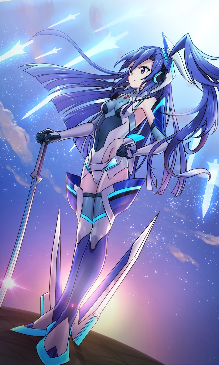 &gt;:( 10s 1girl blue_hair bodysuit breasts character_request groin hand_on_another's_shoulder hand_on_hip highres long_hair medium_breasts planted_sword planted_weapon senki_zesshou_symphogear solo sword thigh-highs ttknok weapon