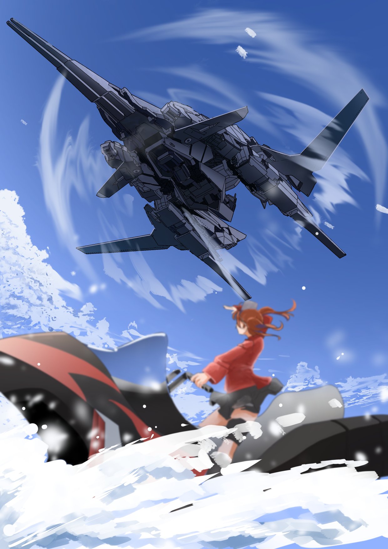 10s 1girl aircraft blue_sky brown_hair commentary_request day from_behind from_below gundam highres hitatsura japanese_clothes jet_ski kantai_collection kariginu mecha ryuujou_(kantai_collection) sky twintails