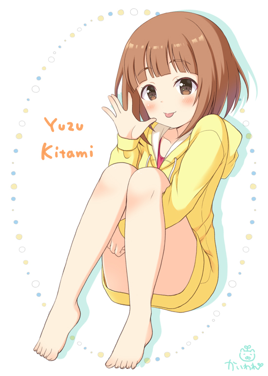 1girl :p bangs blunt_bangs blush brown_eyes brown_hair character_name commentary_request convenient_leg drawstring eyebrows_visible_through_hair full_body head_tilt hood hood_down hoodie idolmaster idolmaster_cinderella_girls idolmaster_cinderella_girls_starlight_stage kaiware-san kitami_yuzu long_sleeves looking_at_viewer no_pants pink_shirt shirt signature simple_background sitting smile solo tongue tongue_out white_background yellow_hoodie