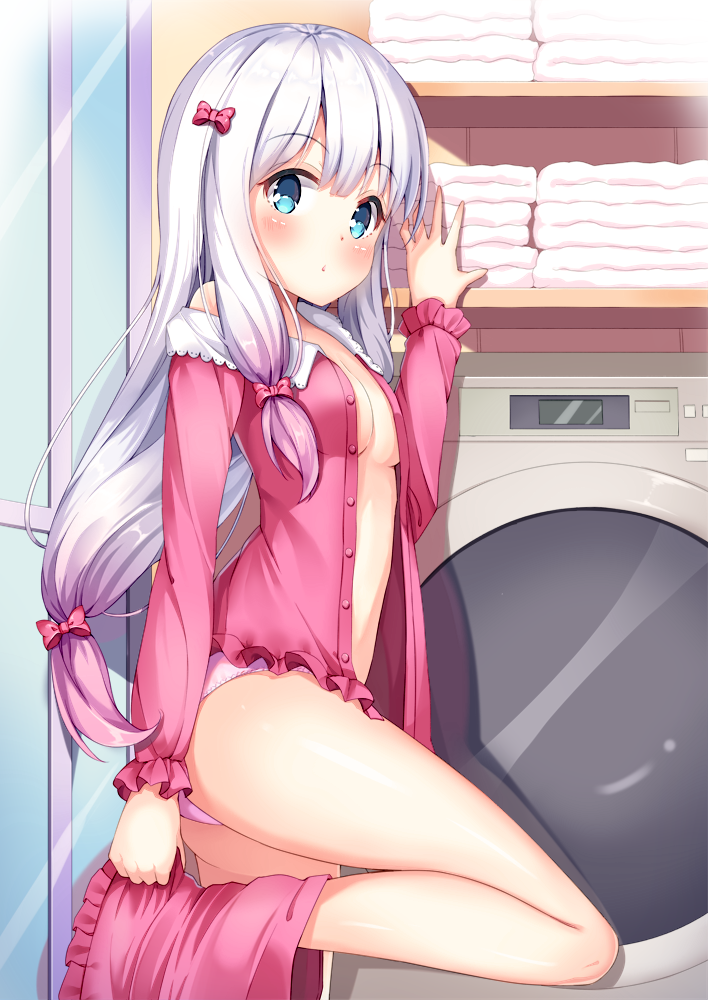 1girl :o adrenaline!!! bangs bare_legs bow breasts commentary_request eromanga_sensei eyebrows_visible_through_hair frilled_sleeves frills gradient_hair hair_bow indoors izumi_sagiri leg_up long_hair long_sleeves looking_at_viewer low-tied_long_hair multicolored_hair no_bra off_shoulder open_mouth open_pajamas pajamas panties parted_lips pink_bow pink_hair pink_panties pink_shorts shiero. shiny shiny_skin shorts sidelocks silver_hair small_breasts solo standing standing_on_one_leg tareme towel unbuttoned underwear undressing very_long_hair washing_machine