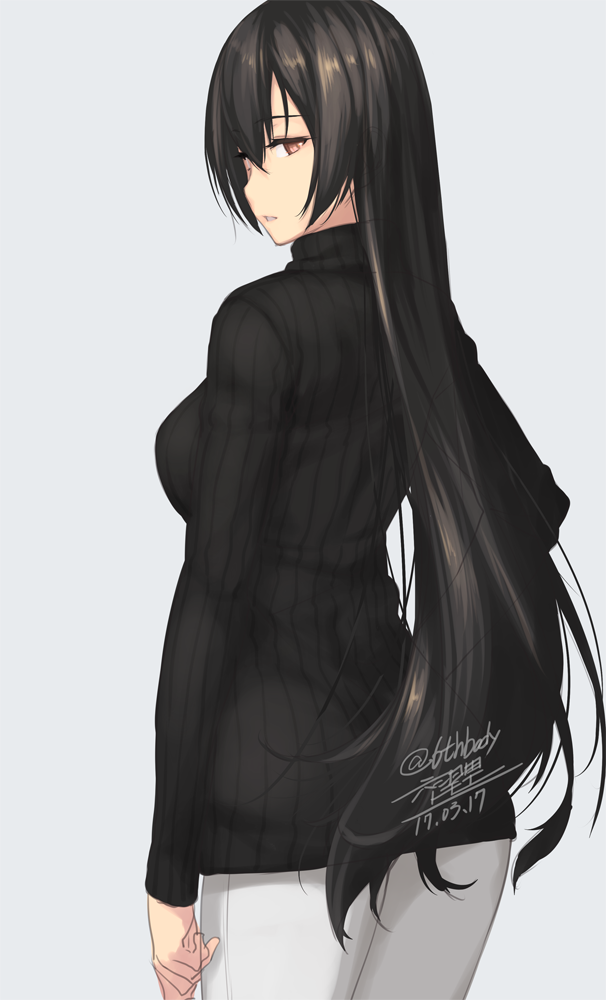 10s 1girl alternate_costume arm_at_side black_sweater casual cowboy_shot dated from_behind hair_between_eyes hand_on_hip kantai_collection long_hair long_sleeves looking_at_viewer nagato_(kantai_collection) pants parted_lips red_eyes ribbed_sweater rokuwata_tomoe signature simple_background solo sweater tsurime turtleneck turtleneck_sweater white_pants