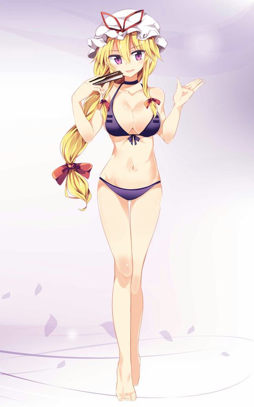 1girl bangs bare_arms bare_legs barefoot bikini blonde_hair blush bow breasts choker cleavage commentary_request eyebrows_visible_through_hair fan folding_fan front-tie_bikini front-tie_top full_body hair_between_eyes hair_bow hat hat_ribbon holding holding_fan large_breasts long_hair looking_at_viewer maturiuta_sorato mob_cap navel purple_bikini red_bow red_ribbon ribbon sidelocks smile solo standing swimsuit thigh_gap touhou violet_eyes white_hat yakumo_yukari