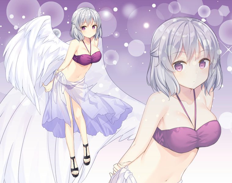 1girl arms_behind_back bangs bare_arms bare_shoulders bekotarou bikini breasts cleavage closed_mouth commentary_request eyebrows_visible_through_hair halter_top halterneck hand_on_own_arm kishin_sagume looking_at_viewer medium_breasts navel purple_bikini sarong see-through short_hair silver_hair single_wing standing swimsuit touhou violet_eyes white_wings wings zoom_layer