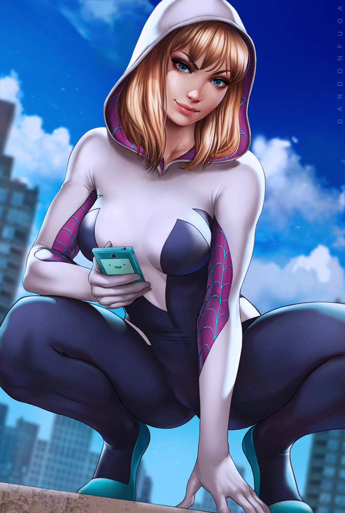 &gt;:) 1girl artist_name blonde_hair blue_eyes blue_sky blurry blurry_background breasts cellphone citydutch_angle closed_mouth clouds covered_navel dandon_fuga day full_body gwen_stacy head_tilt holding holding_phone hood_up hooded_bodysuit leaning_forward legs_apart looking_at_viewer marvel medium_breasts outdoors phone short_hair skin_tight sky smartphone smile solo spider-gwen spider-man_(series) squatting