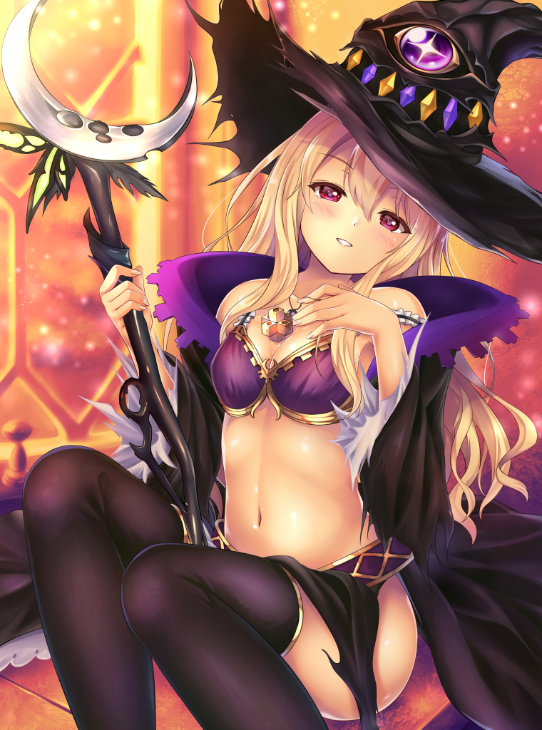 10s bare_shoulders black_cape black_legwear blonde_hair blurry breast_suppress breasts cape collarbone commentary_request crescent depth_of_field dorothy_(shingeki_no_bahamut) eyebrows_visible_through_hair hair_between_eyes hat head_tilt holding holding_staff jewelry long_hair looking_at_viewer navel necklace parted_lips shadowverse shingeki_no_bahamut sitting small_breasts sparkle staff strap_slip thigh-highs violet_eyes window witch witch_hat yuririn_poi