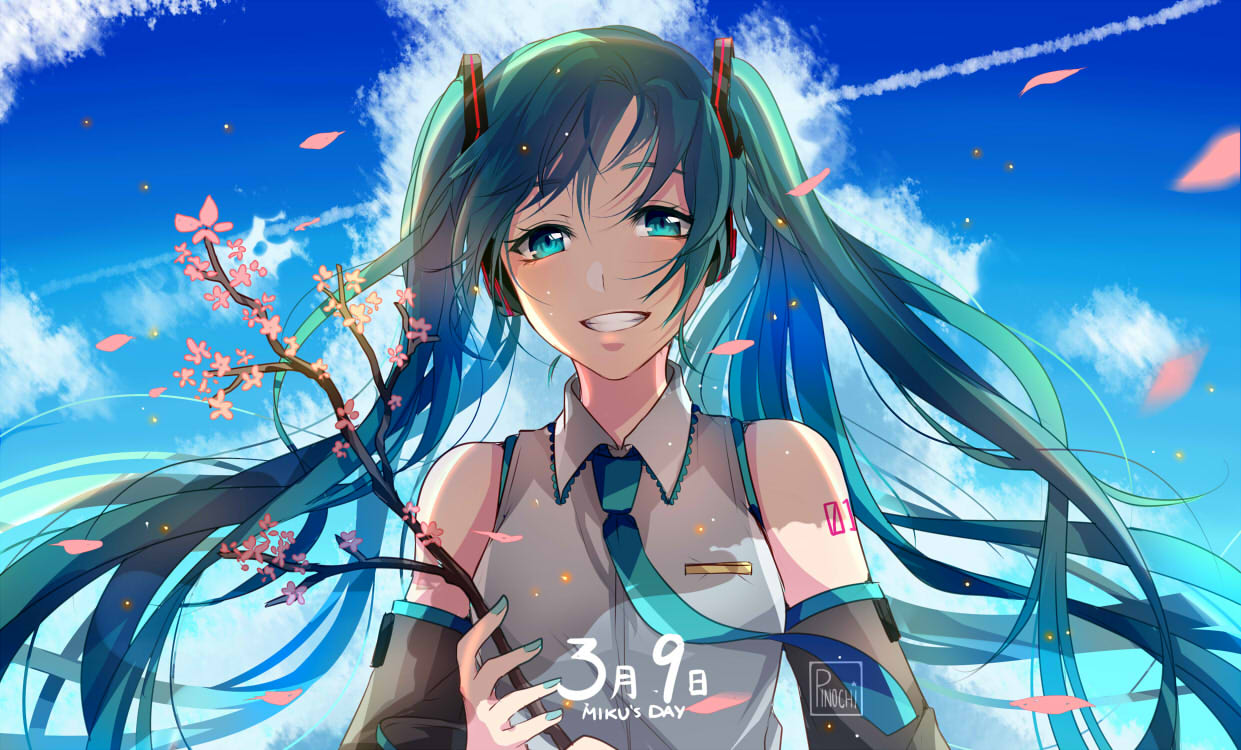 1girl 39 aqua_eyes aqua_hair aqua_nails aqua_neckwear arm_tattoo artist_name bangs bare_shoulders blue_sky blush branch clouds collared_shirt condensation_trail day detached_sleeves fuumeh grey_shirt grin hatsune_miku headphones holding long_sleeves nail_polish necktie number_tattoo outdoors parted_lips petals shirt sky smile solo tattoo teeth twintails upper_body vocaloid wing_collar