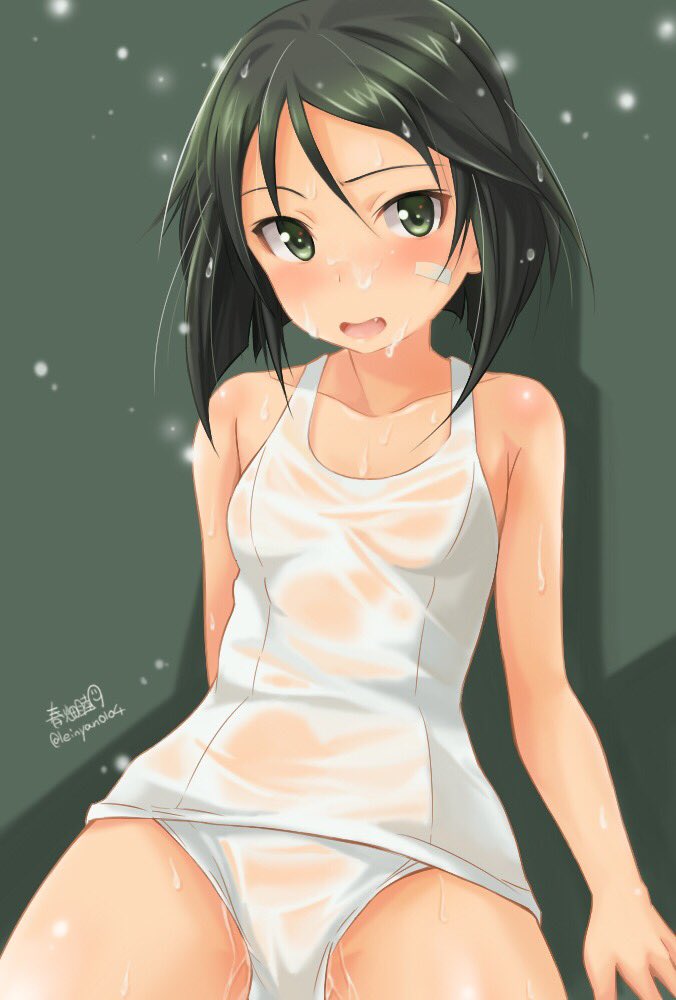 1girl blush breasts fang haruhata_mutsuki kanno_naoe looking_at_viewer open_mouth school_swimsuit semi-transparent small_breasts swimsuit thighs twitter_username wet wet_clothes wet_swimsuit world_witches_series