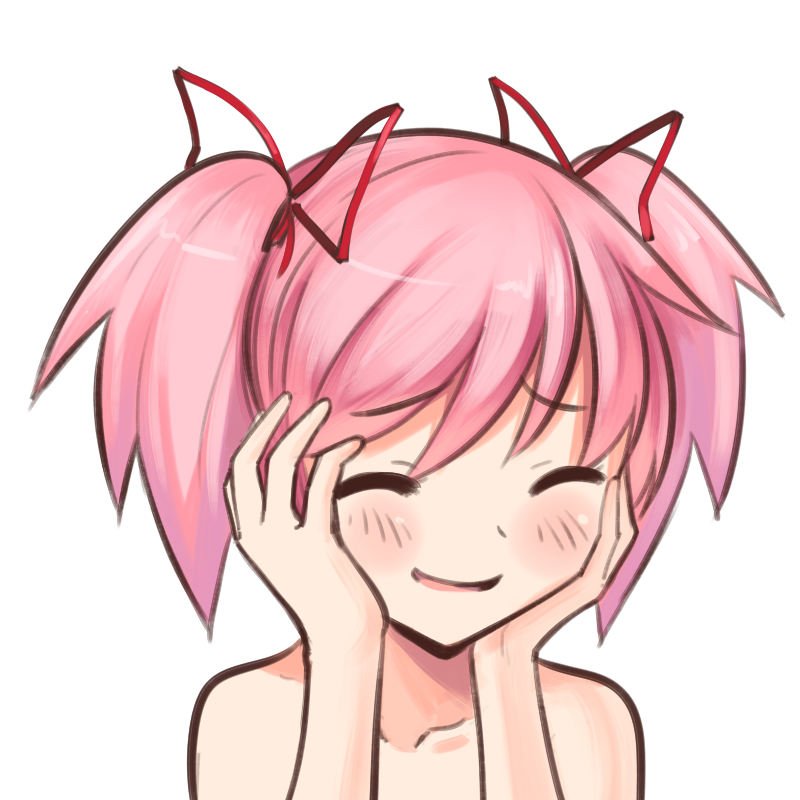 1girl bangs blush boa_(brianoa) closed_eyes collarbone eyebrows_visible_through_hair hair_ribbon hands_on_own_cheeks hands_on_own_face kaname_madoka mahou_shoujo_madoka_magica nude pink_hair red_ribbon ribbon smile solo transparent_background twintails