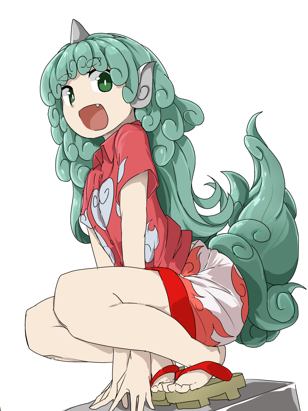 1girl :d animal_ears bangs between_legs buttons collared_shirt eyebrows_visible_through_hair fang full_body geta green_eyes green_hair hand_between_legs highres horn komano_aun long_hair looking_at_viewer open_mouth shirt short_sleeves shorts simple_background smile solo squatting tail touhou tyouseki white_background