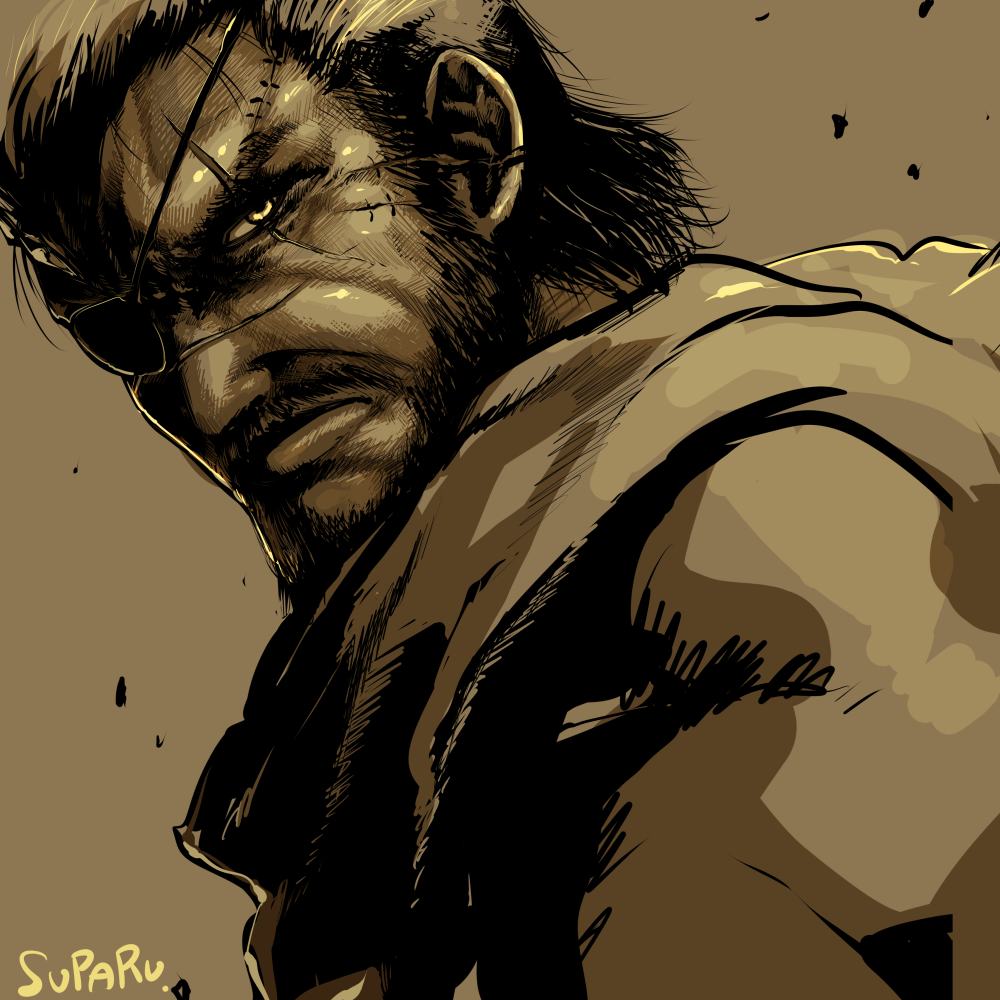 1boy ashes beard brown_background ear_scar eyepatch facial_hair glowing glowing_eye jacket limited_palette looking_at_viewer metal_gear_(series) metal_gear_solid_v monochrome mustache nose_scar scar scar_across_eye scarf signature sketch solo suparu_(detteiu) upper_body venom_snake yellow_eyes