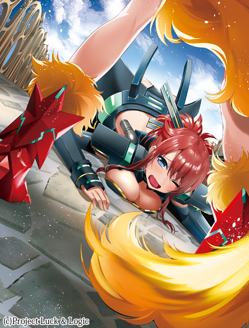 2girls blue_eyes blush boots breast_press breasts fox_tail hina_logi_-_from_luck_&amp;_logic kyoubashi_mahiro looking_at_another luck_&amp;_logic lying mecha_musume medium_breasts multiple_girls nose_blush official_art ogino_atsuki on_floor on_stomach open_mouth outdoors redhead sky solo_focus tail top-down_bottom-up wavy_mouth wince