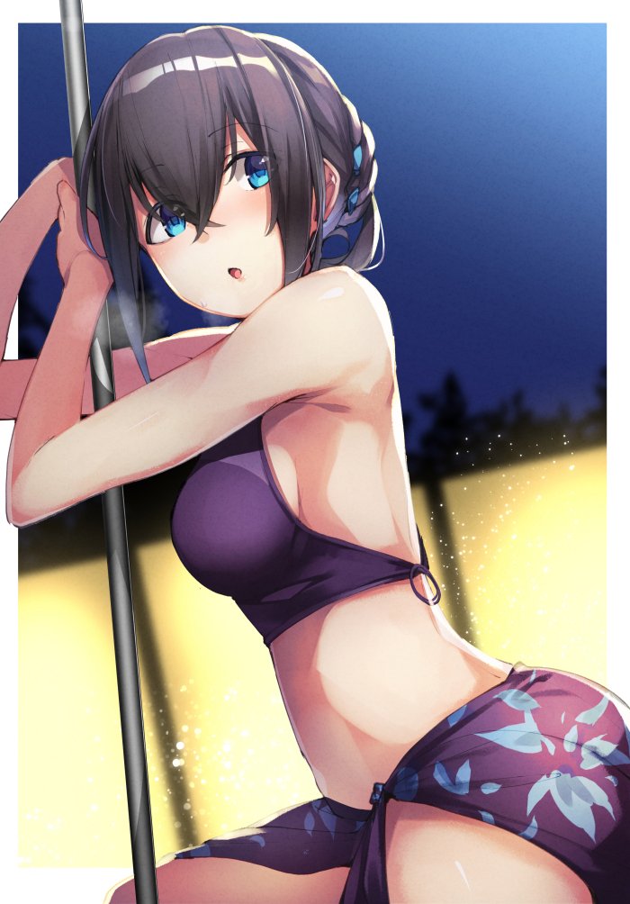 1girl bangs bare_shoulders black_hair blue_eyes blurry blurry_background blush breasts commentary_request hair_between_eyes hair_bun idolmaster idolmaster_cinderella_girls kouda_hayato_(e-gis) leaf_print looking_to_the_side medium_breasts night night_sky open_mouth outdoors pole purple_swimsuit sagisawa_fumika sarong sideboob sky solo swimsuit tied_hair waist