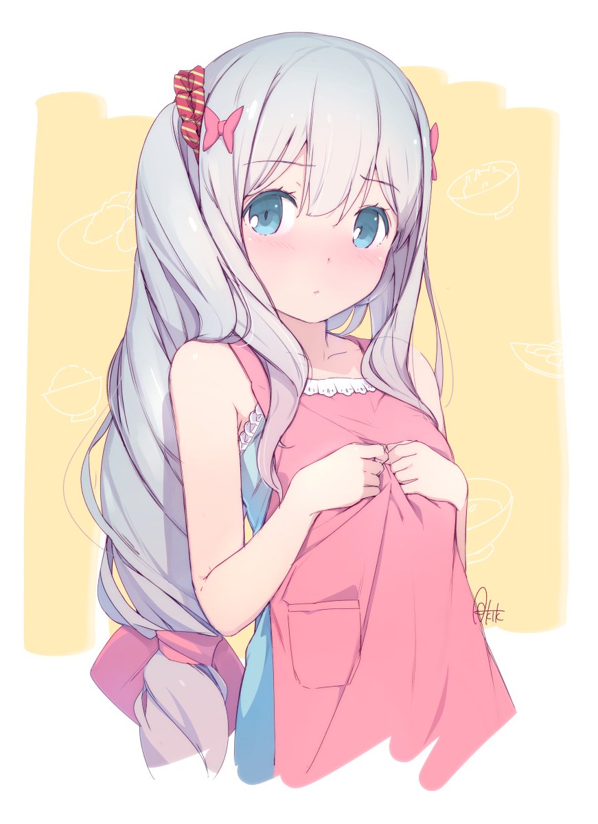 1girl artist_name azumi_akitake bare_shoulders blue_eyes bow collarbone dress eromanga_sensei eyebrows_visible_through_hair grey_hair hair_bow hands_on_own_chest highres izumi_sagiri long_hair looking_at_viewer low-tied_long_hair parted_lips pink_bow scrunchie solo upper_body white_background yellow_background