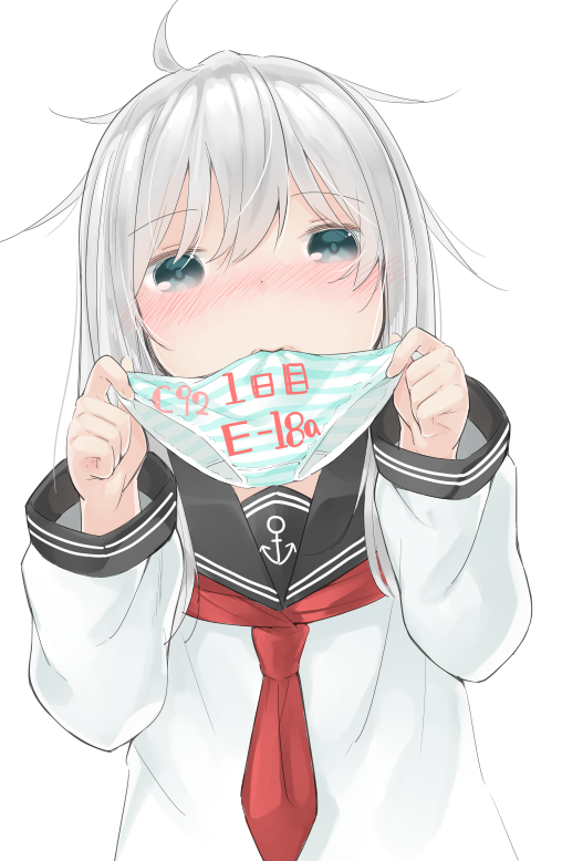 10s 1girl anchor_symbol aruma_(sawayaka_tokuko_miruku) blush commentary_request eyebrows_visible_through_hair green_eyes grey_hair hair_between_eyes hibiki_(kantai_collection) holding holding_panties kantai_collection leaning_to_the_side long_hair long_sleeves looking_at_viewer mouth_hold necktie no_hat no_headwear nose_blush panties panties_removed pantsu_no_hi red_necktie school_uniform serafuku shirt simple_background solo striped striped_panties translation_request underwear upper_body white_background white_shirt