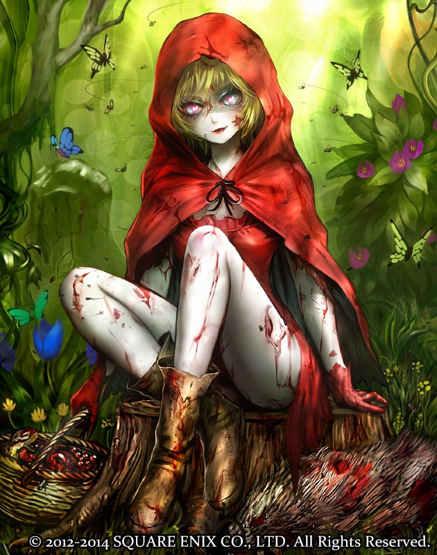 1girl blonde_hair blood boots butterfly cloak crossed_ankles deadman's_cross dress flower fly full_body gloves hood hooded_cloak injury legs little_red_riding_hood little_red_riding_hood_(grimm) looking_at_viewer outdoors pale_skin parted_lips raypass red_dress red_gloves red_hood red_lips short_hair sitting solo tree_stump undead zombie