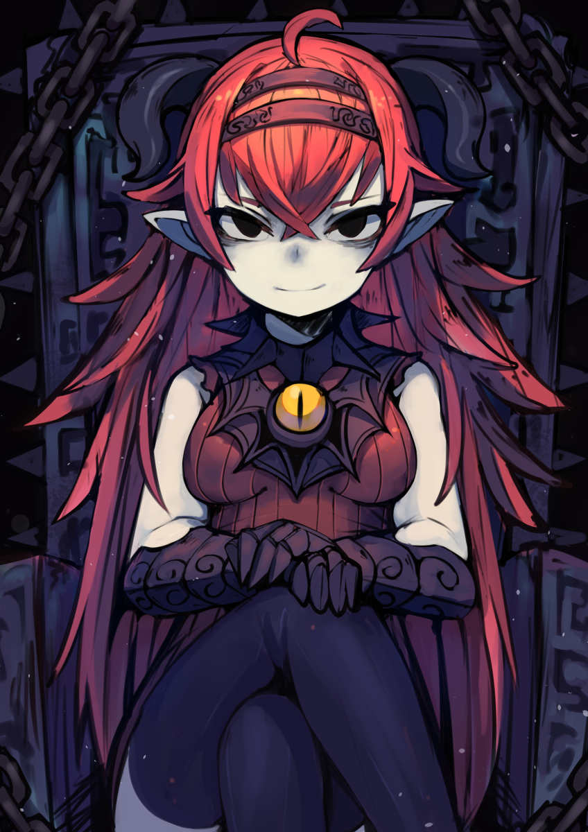 1girl ahoge black_eyes black_legwear breasts chains closed_mouth collar commentary_request feet_out_of_frame gatakigi_gama gauntlets gem hair_between_eyes hairband hands_together highres horns legs_crossed long_hair looking_at_viewer medium_breasts original pointy_ears redhead sitting smile solo spiked_collar spikes thigh-highs third_eye throne very_long_hair