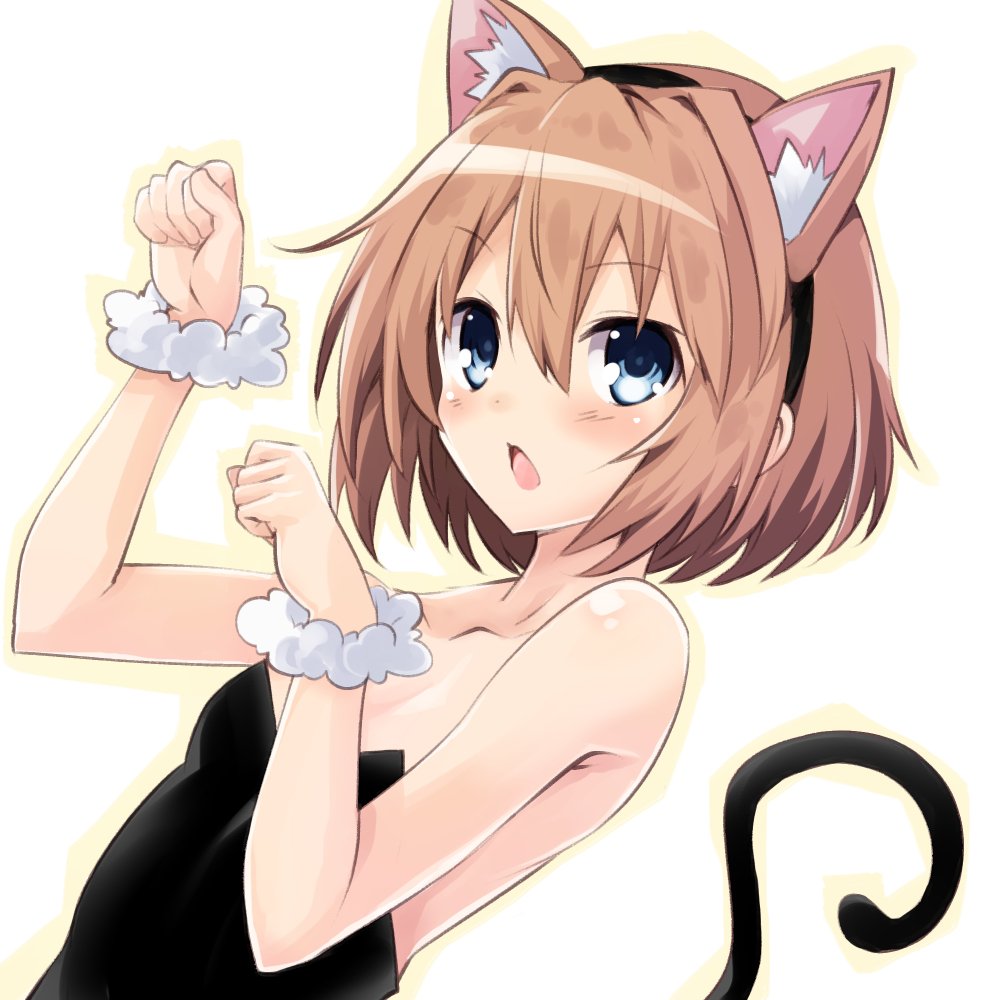 1girl animal_ears bare_shoulders blanc blue_eyes blush breasts brown_hair cat_ears cat_tail from_side iwasi-r kittysuit looking_at_viewer neptune_(series) open_mouth paw_pose short_hair small_breasts tail upper_body