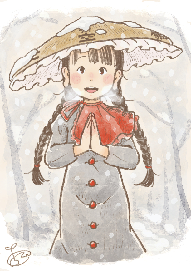 1girl black_hair braid breath capelet chii-kun_(seedyoulater) commentary commentary_request dress grey_dress hat hidden_star_in_four_seasons long_hair looking_at_viewer praying red_eyes snow solo straw_hat touhou tree twin_braids yatadera_narumi