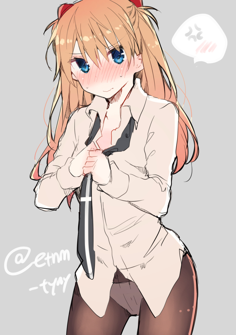 1girl adjusting_clothes adjusting_necktie anger_vein bangs black_neckwear blue_eyes blush brown_legwear closed_mouth collared_shirt cowboy_shot dressing eyebrows_visible_through_hair full-face_blush grey_shirt hair_between_eyes headgear ikeuchi_tanuma long_hair long_sleeves looking_at_viewer necktie neon_genesis_evangelion orange_hair panties panties_under_pantyhose pantyhose shirt solo souryuu_asuka_langley speech_bubble spoken_anger_vein standing sweat twitter_username underwear wavy_mouth white_legwear