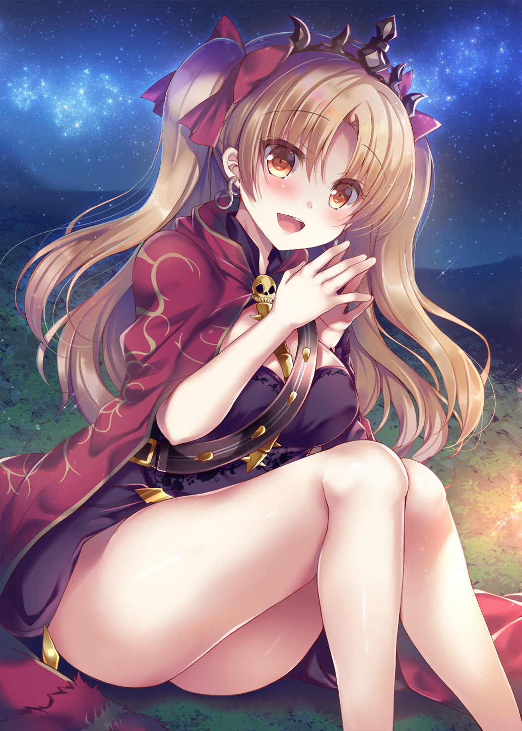 1girl :d bangs bare_legs belt blonde_hair breasts brown_eyes cape earrings ereshkigal_(fate/grand_order) eyebrows_visible_through_hair fate/grand_order fate_(series) feet_out_of_frame hands_clasped highres jewelry large_breasts legs_together looking_at_viewer milky_way night night_sky open_mouth outdoors red_cape sitting skirt sky smile solo star_(sky) suzune_rena tohsaka_rin twintails