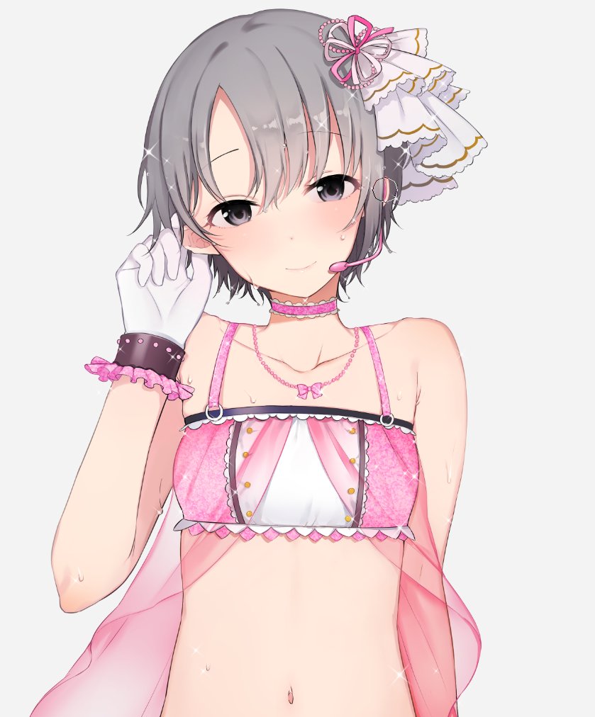 1girl black_eyes blush choker gloves grey_hair hair_ornament headset idolmaster idolmaster_cinderella_girls jewelry looking_at_viewer navel necklace oniku_(oishii_oniku) otokura_yuuki short_hair simple_background smile solo sparkle upper_body white_gloves