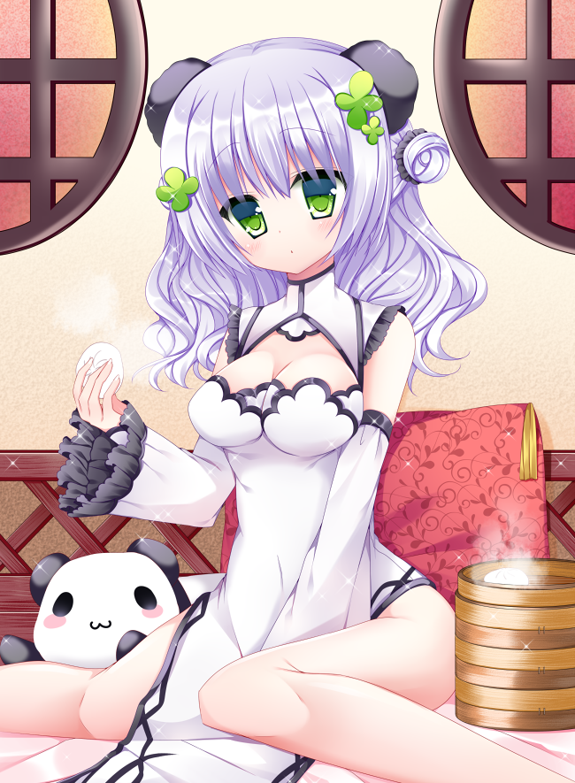 1girl :3 bangs bed blush_stickers breasts china_dress chinese_clothes cleavage clover_hair_ornament commentary_request detached_sleeves double_bun dress eyebrows_visible_through_hair food frilled_sleeves frills green_eyes hair_ornament head_tilt indoors long_hair long_sleeves looking_at_viewer medium_breasts on_bed original panda_ears pelvic_curtain pillow purple_hair shikito side_bun sitting sleeveless sleeveless_dress solo sparkle steam stuffed_animal stuffed_panda stuffed_toy tareme white_dress white_sleeves wide_sleeves window