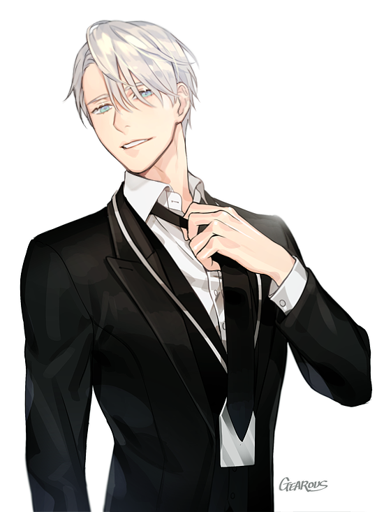 1boy artist_name black_suit blue_eyes dress_shirt formal gearous looking_at_viewer loose_necktie male_focus necktie parted_lips shirt silver_hair solo suit vest viktor_nikiforov white_background yuri!!!_on_ice