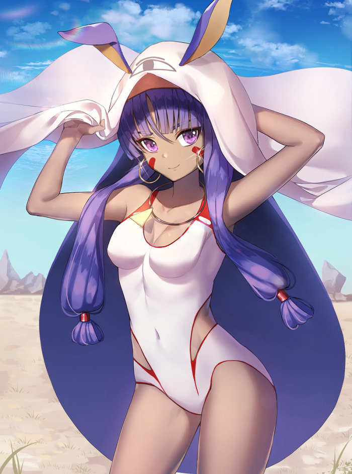 1girl animal_ears armpits arms_up bangs bare_arms bare_shoulders blanket blue_sky blunt_bangs breasts cleavage closed_mouth clouds collarbone competition_swimsuit contrapposto covered_navel day desert earrings eyebrows_visible_through_hair face fate/grand_order fate_(series) glint hair_tubes hairband handheld_game_console hoop_earrings jewelry lens_flare long_hair looking_at_viewer low-tied_long_hair medium_breasts medjed necklace nintendo_ds nitocris_(fate/grand_order) nitocris_(swimsuit_assassin)_(fate) one-piece_swimsuit outdoors purple_hair rabbit_ears roang sidelocks sky smile solo swimsuit thighs tsurime very_long_hair violet_eyes white_swimsuit