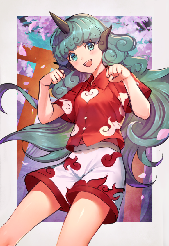 1girl :d bangs blue_eyes blue_hair cherry_blossoms collared_shirt cowboy_shot horn komano_aun long_hair looking_at_viewer open_mouth outside_border red_shirt shirt short_sleeves shorts smile solo torii touhou