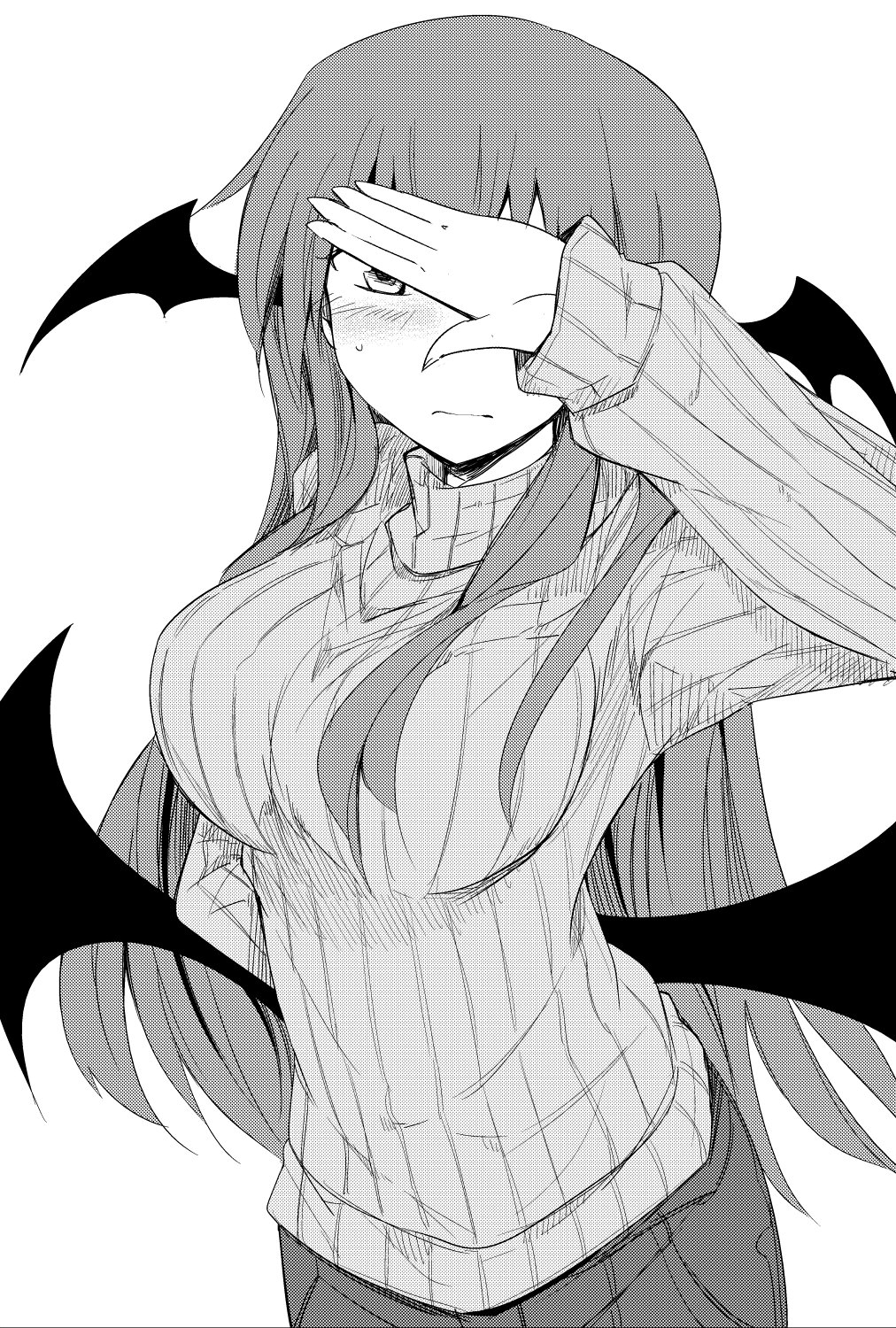 1girl alternate_costume arm_behind_back arm_up bat_wings blush breasts chata_maru_(irori_sabou) contemporary covering_face greyscale head_wings highres koakuma large_breasts long_hair looking_at_viewer low_wings monochrome pants ribbed_sweater simple_background solo sweater touhou very_long_hair white_background wings