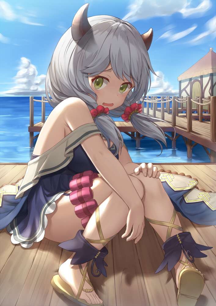 1girl bare_shoulders blush breasts eyebrows_visible_through_hair granblue_fantasy green_eyes grey_hair heijialan horns kumuyu large_breasts looking_at_viewer medium_hair parted_lips sitting solo swimsuit