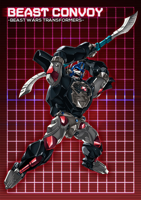 1boy 90s beast_wars character_name copyright_name double-blade full_body grid grid_background headgear holding holding_sword holding_weapon looking_at_viewer machine machinery maximal mecha no_humans oldschool open_mouth optimus_primal paintedmike red_background red_eyes robot solo sword teeth transformers weapon