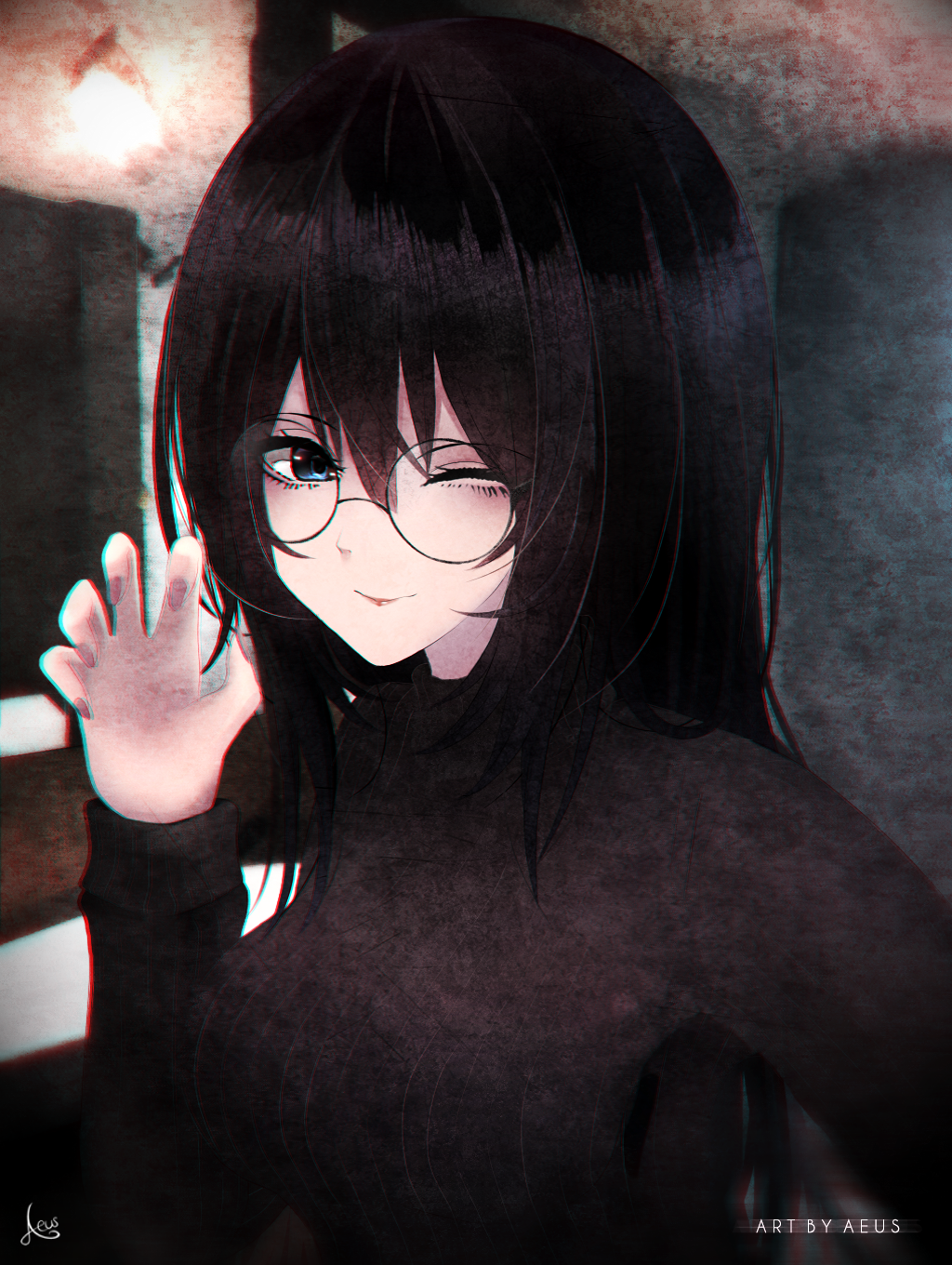 aeus black_hair blue_eyes blush glasses highres long_hair one_eye_closed original real_life signature sii_ya_(mangaka) sun sweater