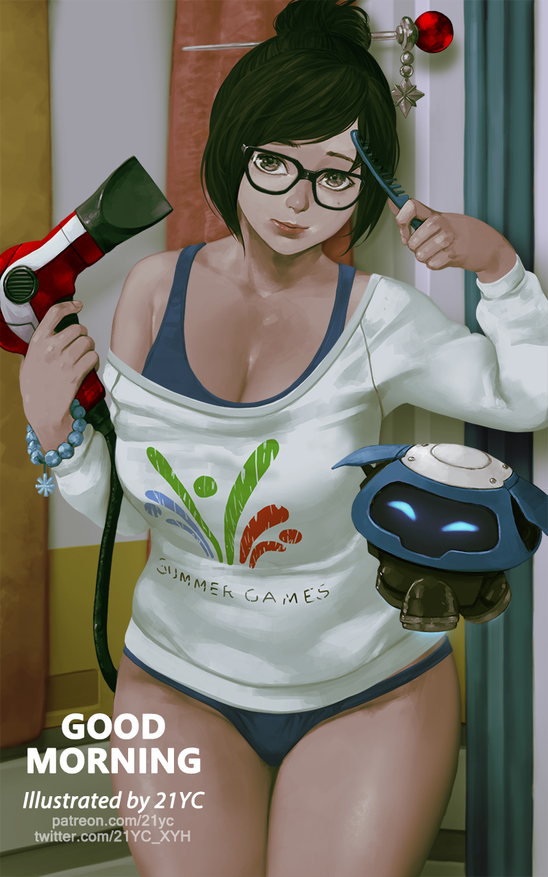 1girl 21yc_(september_breeze) black_hair bracelet breasts cleavage comb glasses hair_bun hair_dryer hair_ornament hairpin highres jewelry looking_at_viewer mei_(overwatch) mole mole_under_eye overwatch panties robot snowball_(overwatch) sweater underwear